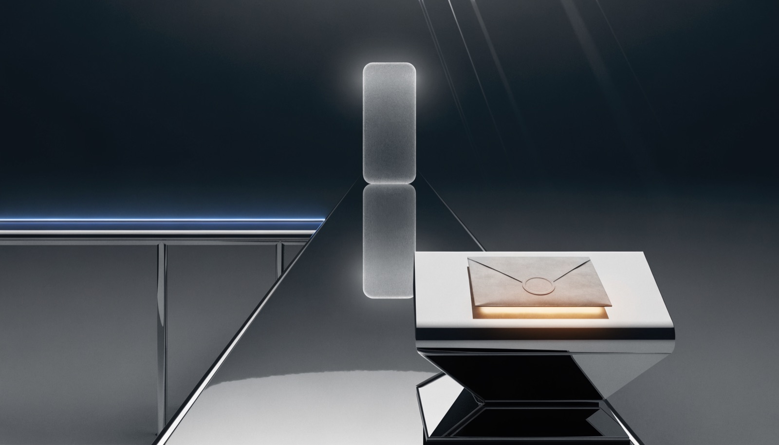 Editorial illustration: a single frosted glass gate stands alone on a chrome bridge beside a blue-lit rail, with a gold-lit sealed envelope on a chrome lectern in the foreground