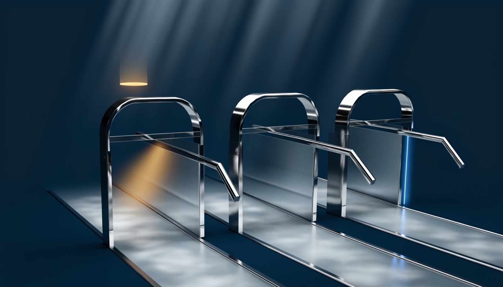 Editorial illustration: three polished chrome turnstile gates in a row, all opening onto the same frosted-glass corridor, with a glowing golden credential token at the first gate