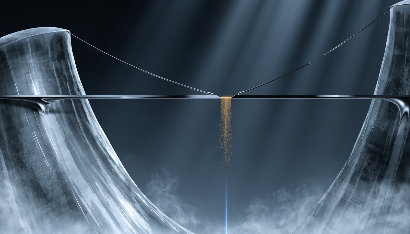 Editorial illustration: a bridge between circuit-board cliffs with a snapped cable, green sand pouring through the gap