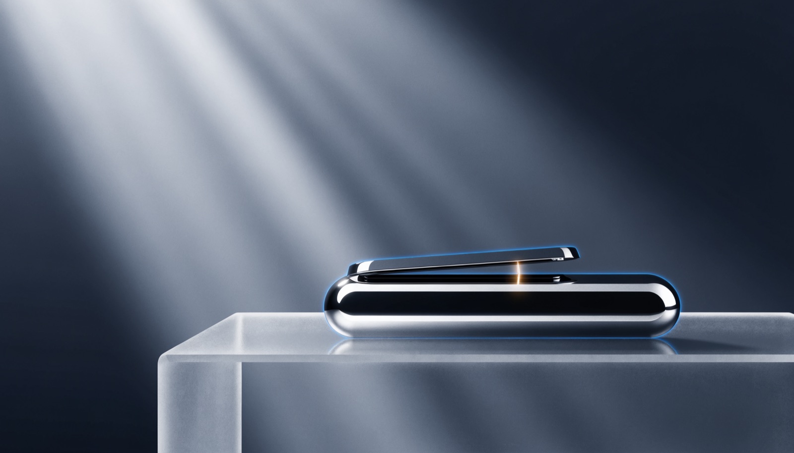 Editorial illustration: a small sealed chrome device on a frosted-glass plinth, its top shell lifted a few millimetres to reveal a thin hidden layer beneath the screen, with one warm golden filament of light escaping the gap and an electric-blue glow tracing the outline