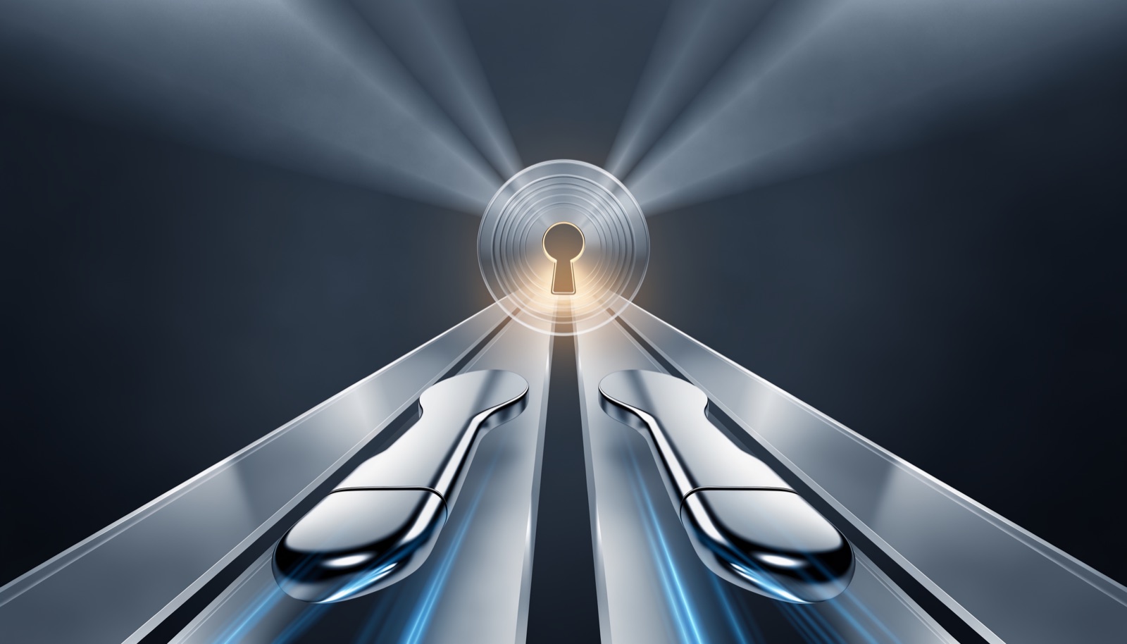 Editorial illustration: two identical chrome keys racing along parallel glass rails toward a single golden-lit keyhole