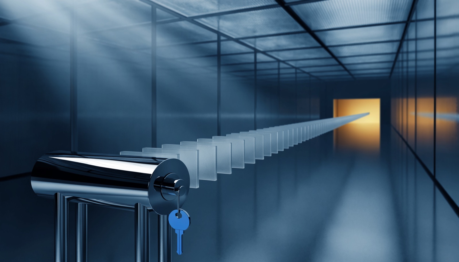 Editorial illustration: a chrome turnstile with a blue key still in its lock, and a long line of frosted glass tiles running through it down a glass corridor toward a gold-lit doorway