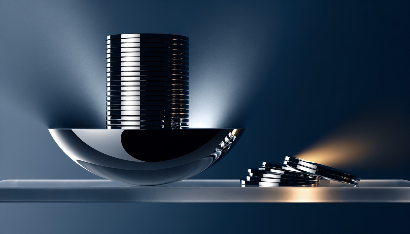 Editorial illustration: a chrome vault basin refilled with a tall stack of chrome discs, and a small separate group of discs resting apart on the plinth in warm golden light