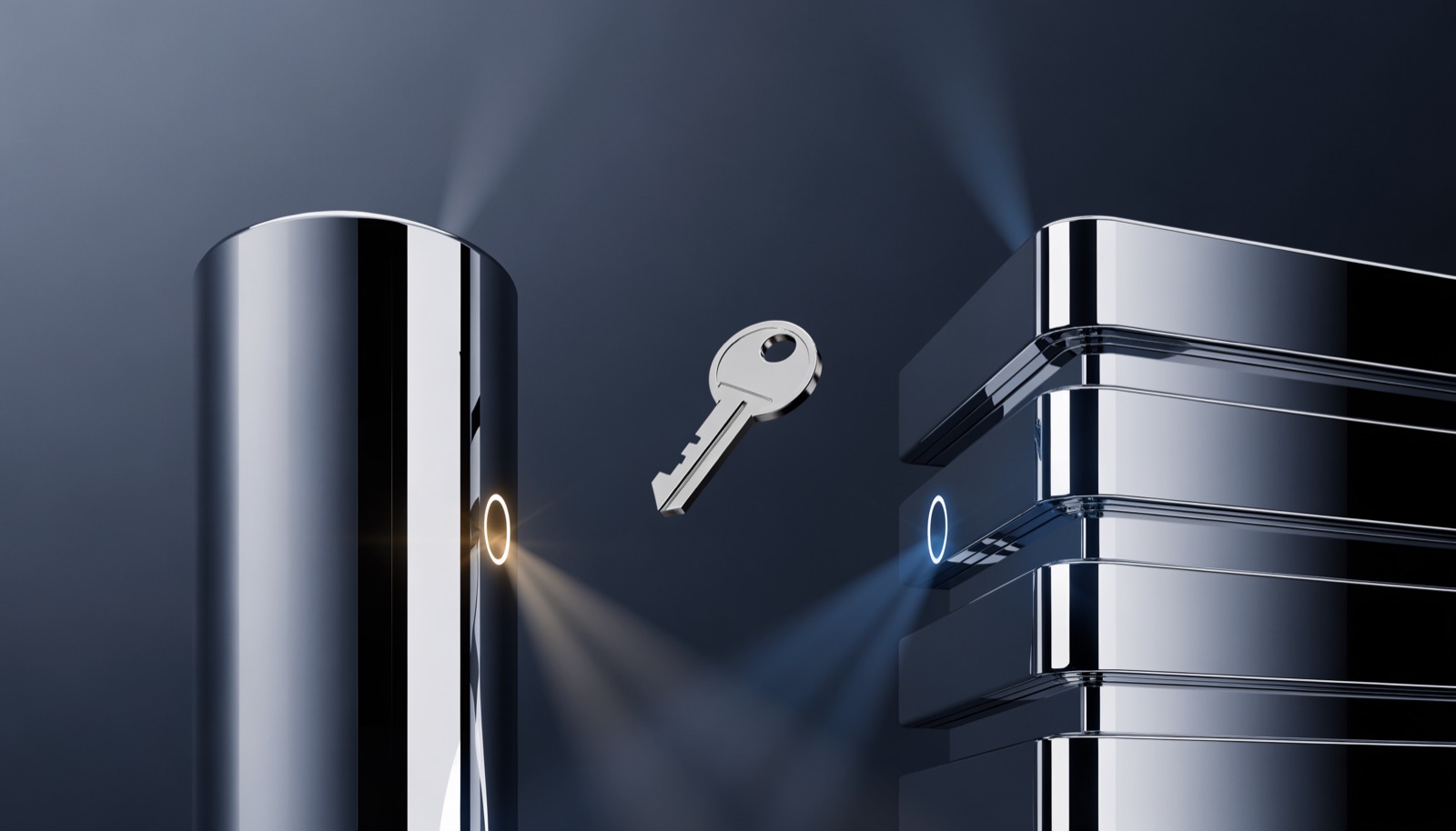 Editorial illustration: two entirely different chrome structures, each fitted with the same glowing keyhole, and a single chrome key hovering in the gap between them