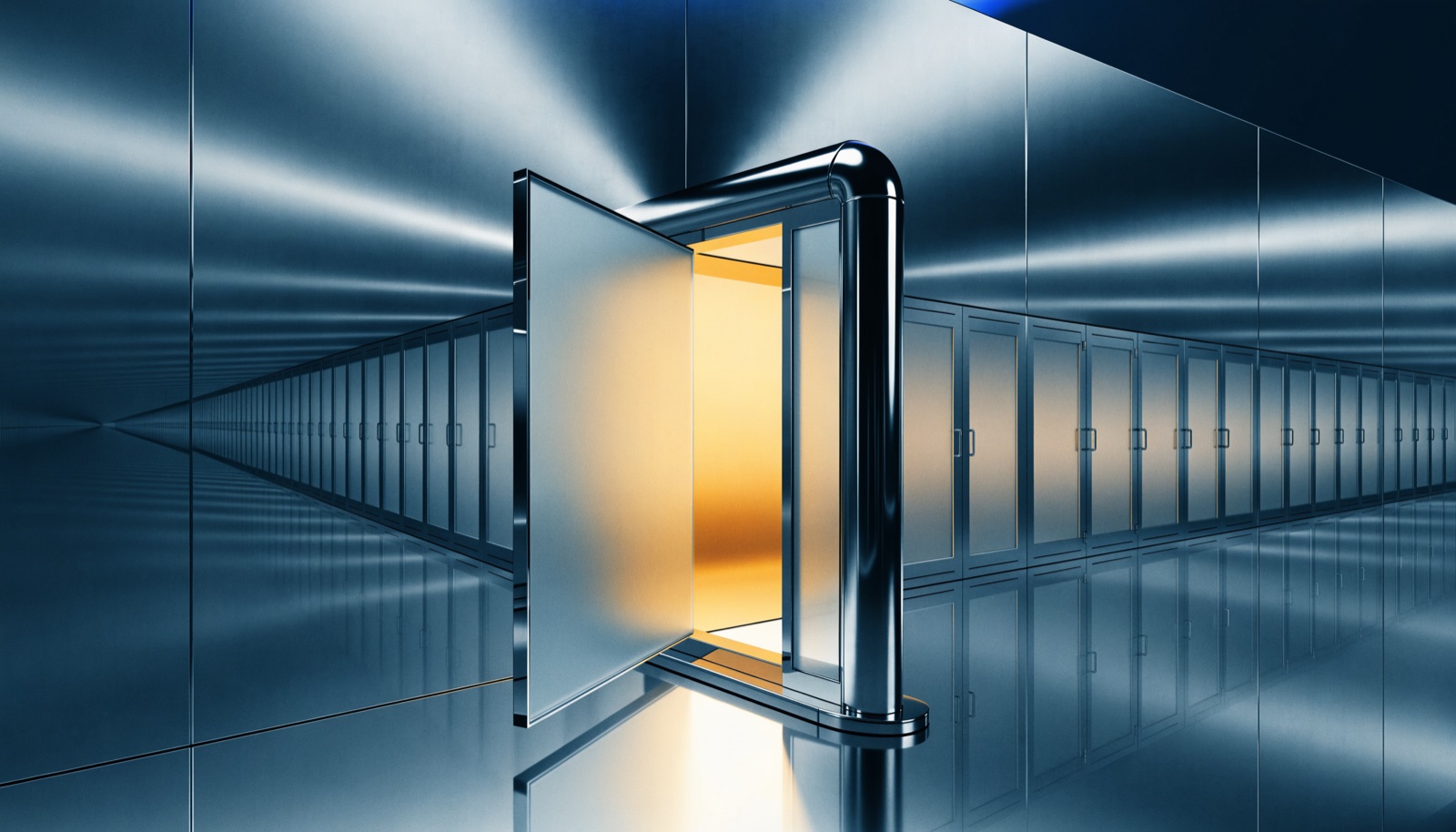 Editorial illustration: one frosted glass gate standing open in a chrome corridor lined with dozens of closed doors, warm gold light spilling through the open gate