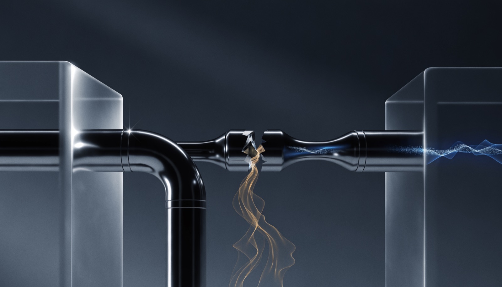 Editorial illustration: a chrome pipeline between two frosted-glass towers, one junction box cracked open with a golden thread of light siphoning away