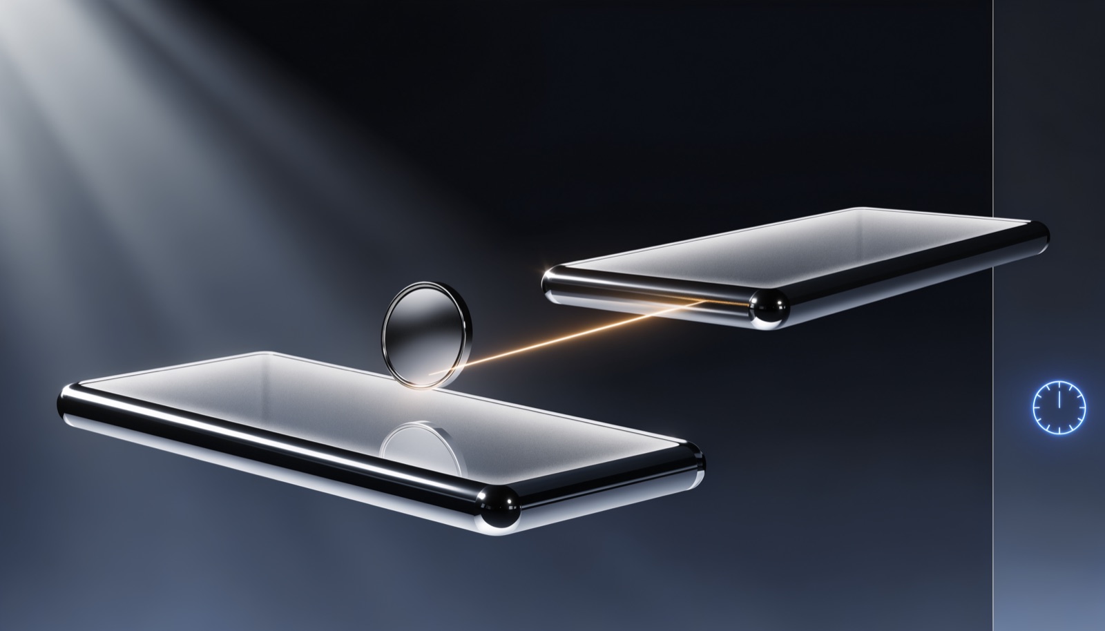 Editorial illustration: two separate frosted-glass platforms floating apart in dark space, joined by one thin beam of warm golden light carrying a single chrome coin across the gap, with a small electric-blue clock face glowing on the far wall