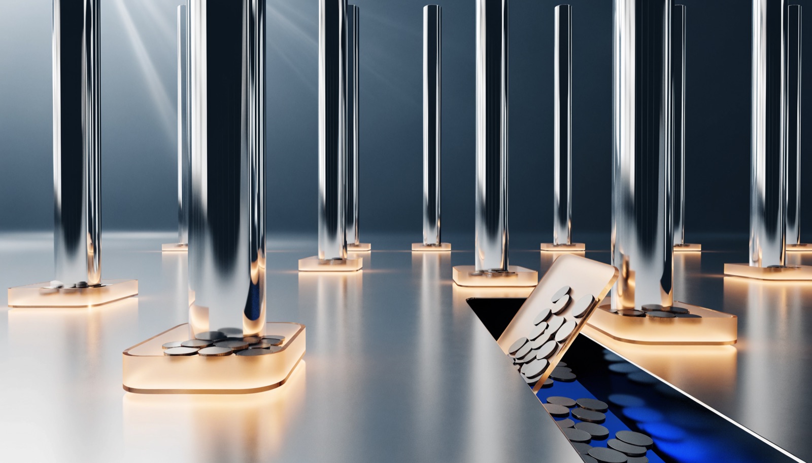 Editorial illustration: a hall of identical chrome pillars, each standing on a frosted-glass tray of coins lit warm gold, except one near the front whose tray has tipped so its coins slide into a narrow dark channel lit electric blue