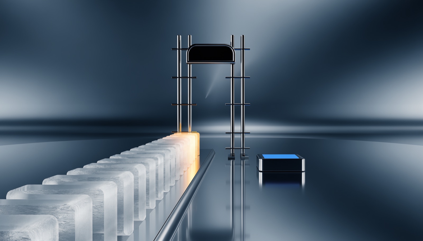 Editorial illustration: a row of frosted glass blocks passes a chrome scanner arch that is switched off, while one gold-lit block goes through unchecked and a blue scanner panel sits idle beside it
