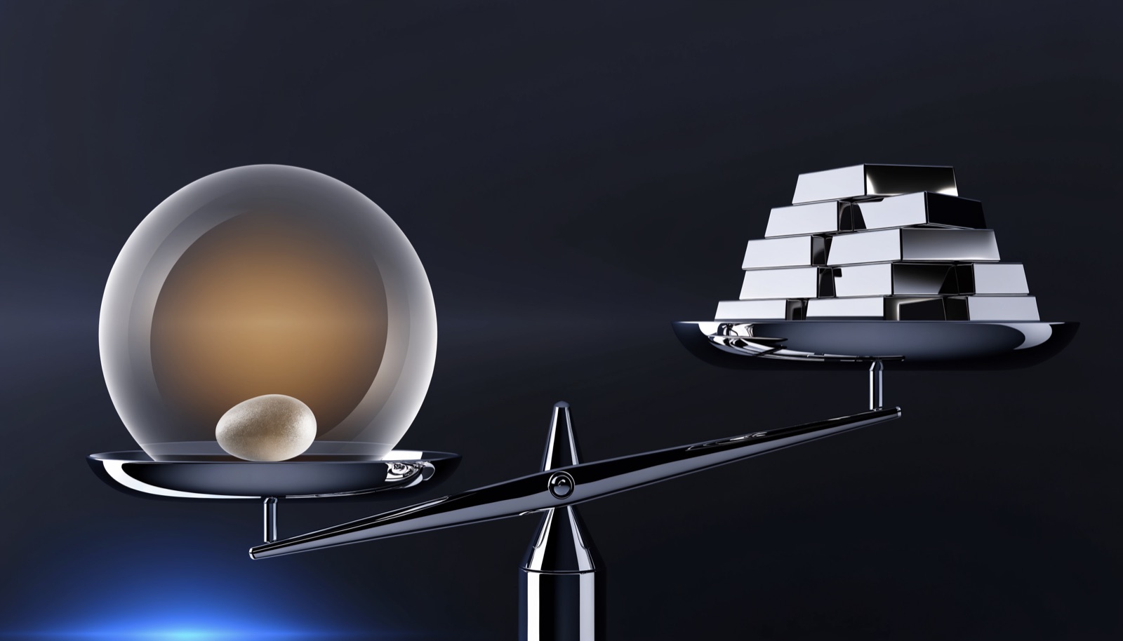 Editorial illustration: a chrome balance scale where a tiny pebble sealed inside an enormous glass sphere outweighs a stack of solid silver ingots
