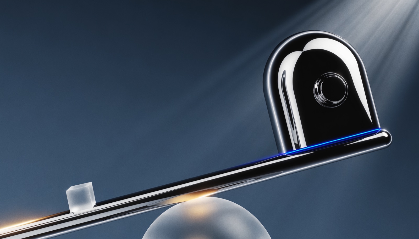 Editorial illustration: a long chrome lever on a small frosted-glass fulcrum, a tiny glass cube lifting an enormous chrome vault door, gold light at the pivot