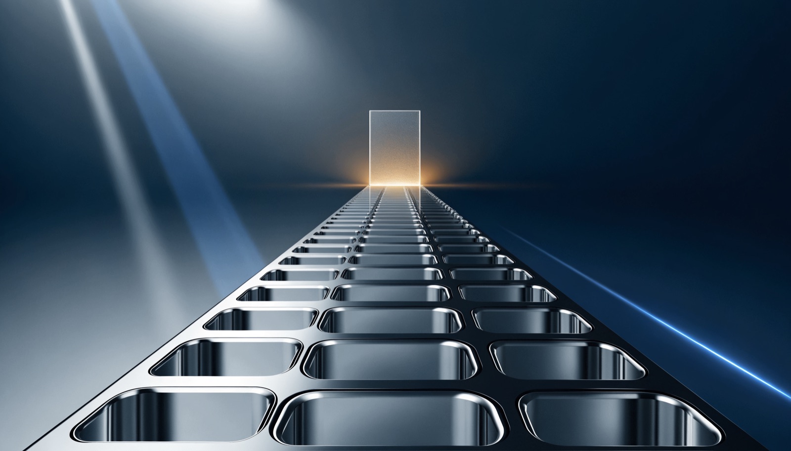 Editorial illustration: a conveyor line of empty chrome block-shaped slots running toward a sealed frosted glass gate lit by warm gold light