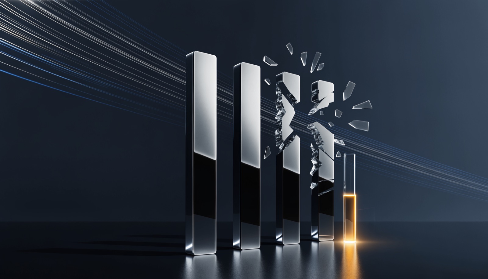 Editorial illustration: four chrome monoliths stand in a row on a dark reflective floor, one shattering into glass fragments beside a slender cylinder overflowing with golden light