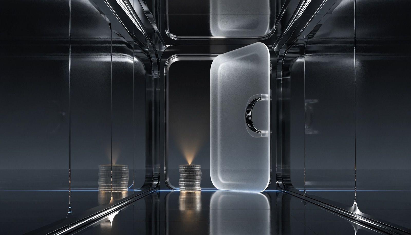 Editorial illustration: a frosted-glass vault door stands open at the end of a mirrored chrome corridor, and two neat stacks of glass coins sit on the threshold lit by a single warm gold glow, with a thin electric blue line tracing the floor