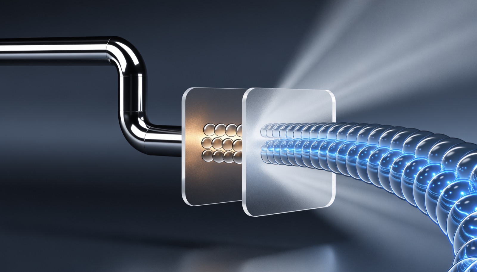 Editorial illustration: a chrome pipe feeds a frosted glass gate; a dozen spheres sit held inside it in warm gold light while a broad stream of blue-lit glass spheres pours out past the gate and curves away into the distance