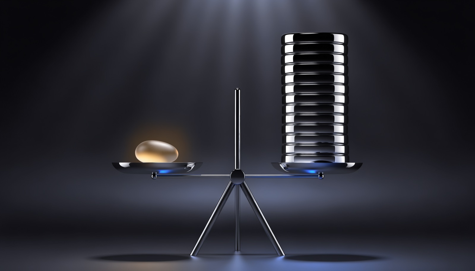 Editorial illustration: a chrome balance scale on a three-legged stand, a small glowing gold pebble on one pan level with a tall stack of chrome discs on the other