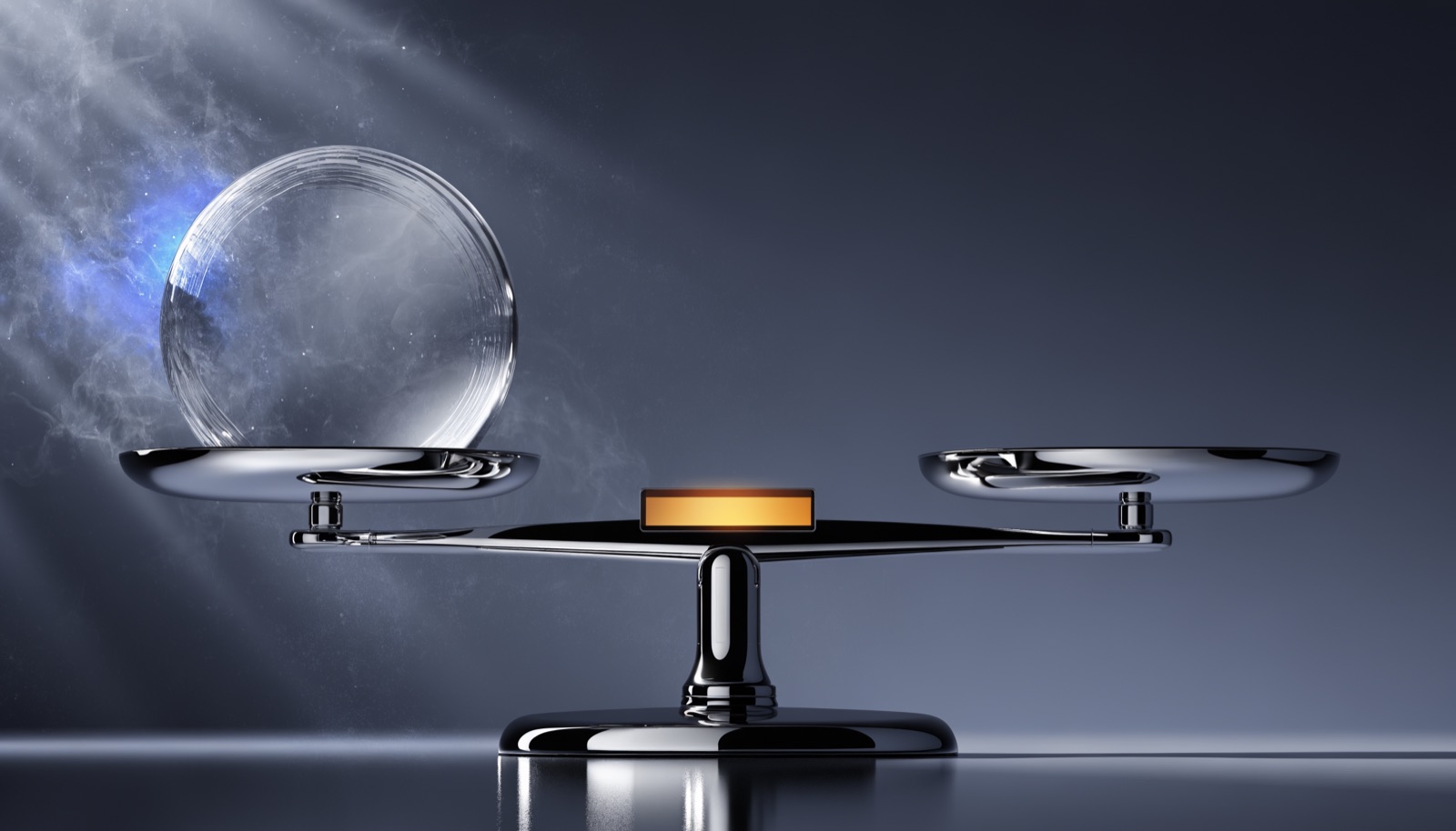 Editorial illustration: an enormous frosted-glass counterweight sits on a chrome balance scale whose beam stays perfectly level and whose readout glows at zero