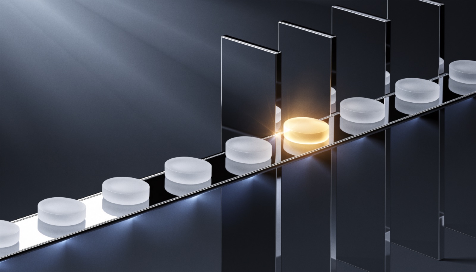 Editorial illustration: a row of frosted glass tokens on a chrome rail, with upright chrome panels standing across the path and one token glowing gold in front of them
