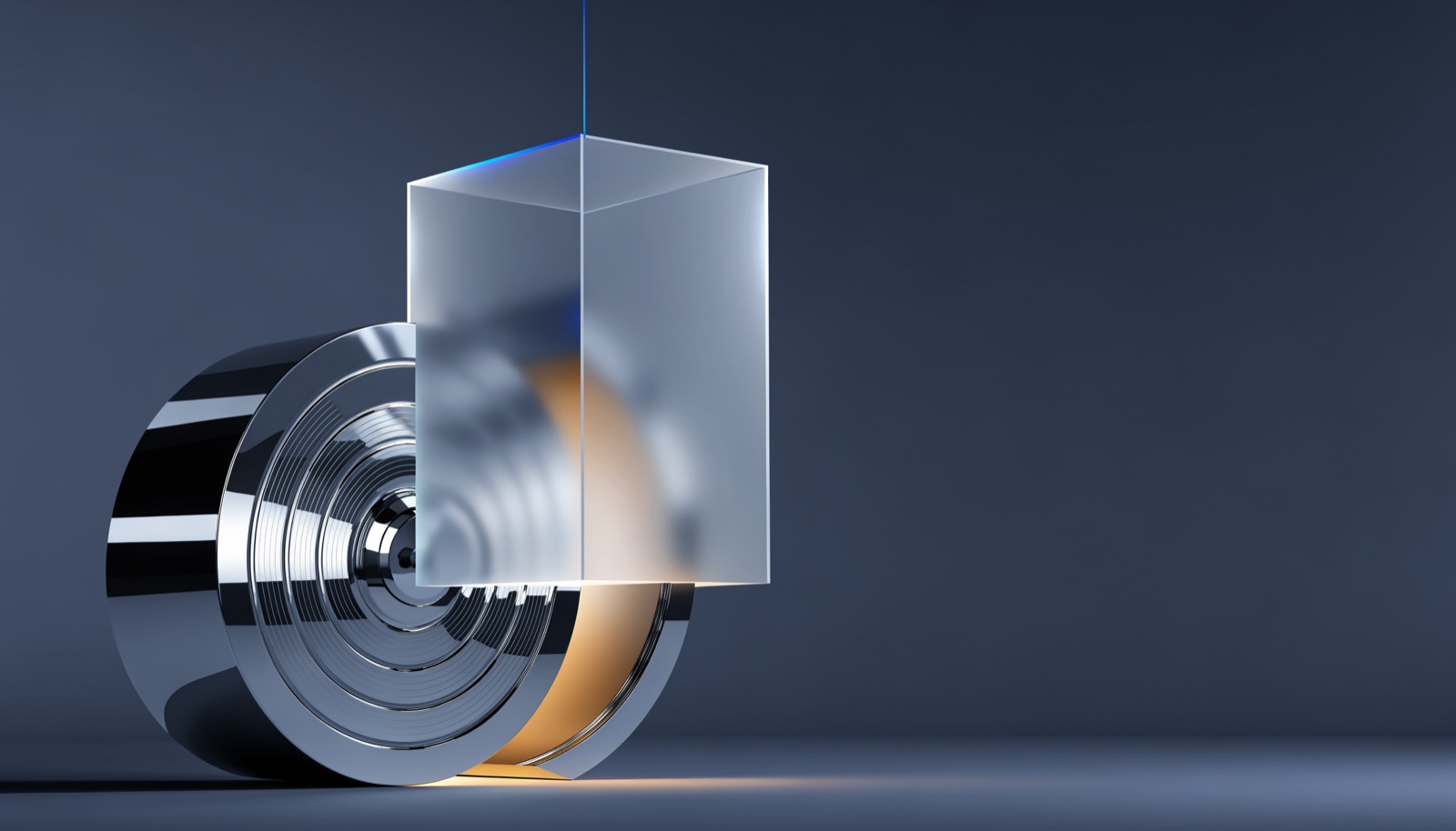 Editorial illustration: a chrome vault door standing ajar in golden light, its doorway blocked by an enormous frosted glass counterweight suspended on a thin blue cable