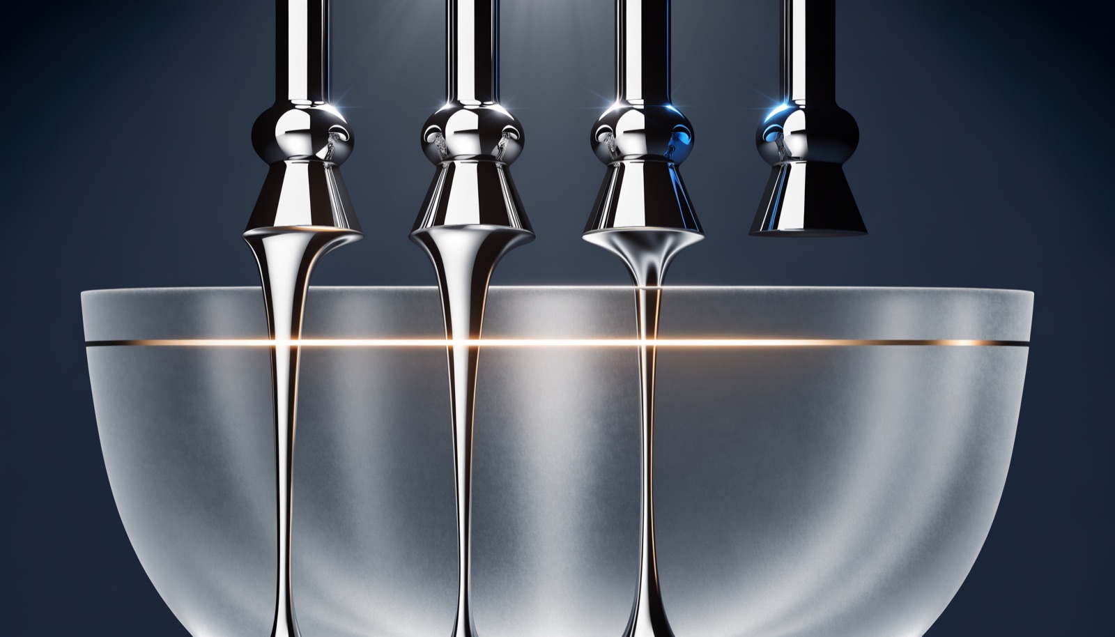 Editorial illustration: four chrome spouts pouring molten silver into a frosted-glass basin, one spout dry and dark, the level sitting below an engraved fill line lit by a warm golden glow