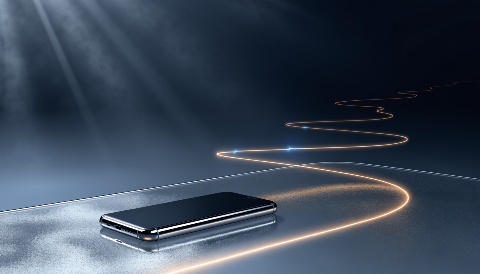Editorial illustration: a chrome smartphone lying face up on dark frosted glass with its screen dark, while a thin ribbon of warm golden light is drawn out from behind the glass and coils away toward a distant point, with faint electric-blue pulses along the ribbon
