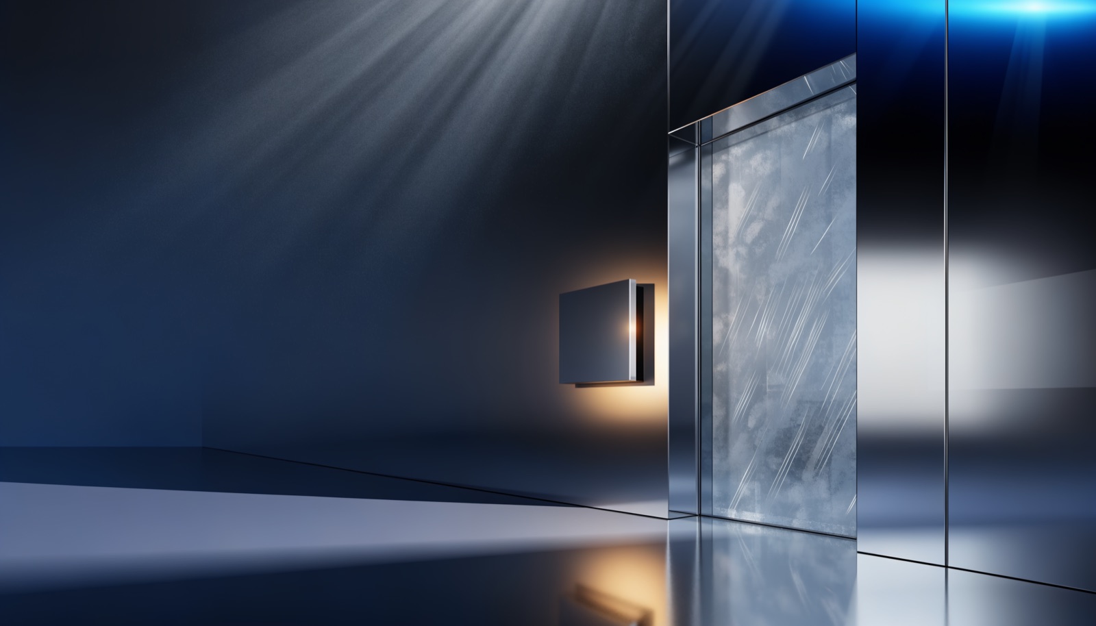 Editorial illustration: a frosted glass door already sealed flush into a chrome wall, with a small chrome plaque beside it only now lit by a narrow warm golden beam