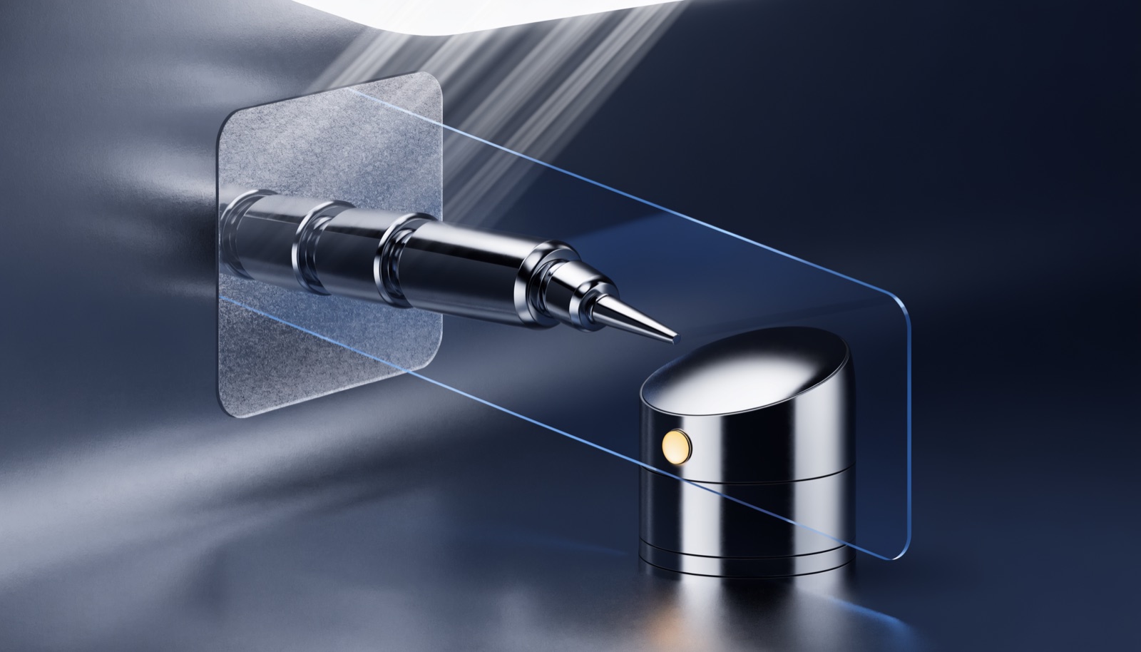 Editorial illustration: a chrome probe reaches through a frosted glass sandbox panel toward a small terminal whose gold button sits behind a blue glass shield