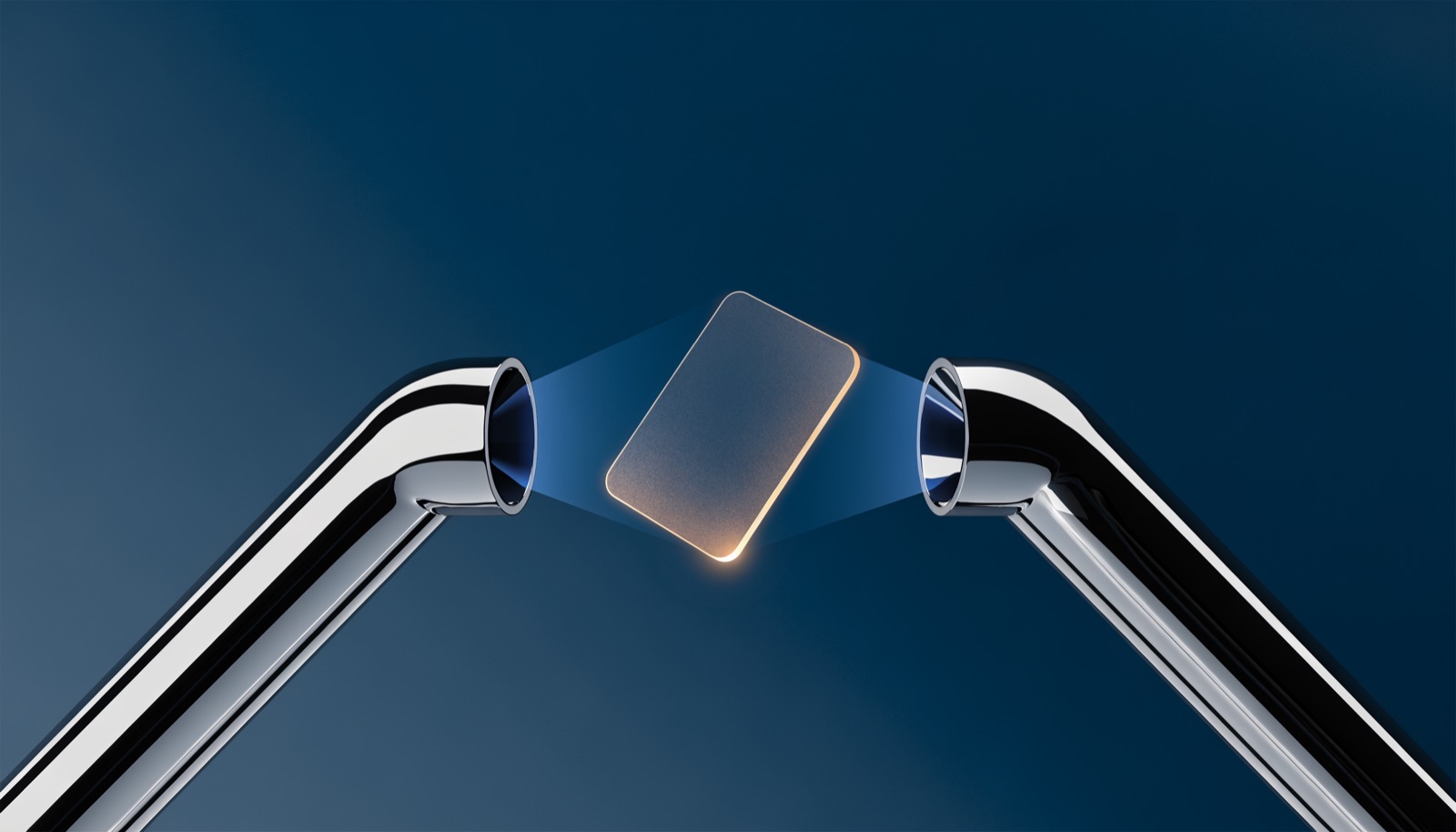 Editorial illustration: a single frosted-glass access card suspended between two identical chrome scanner arms, both reading the same card, lit by a warm golden glow
