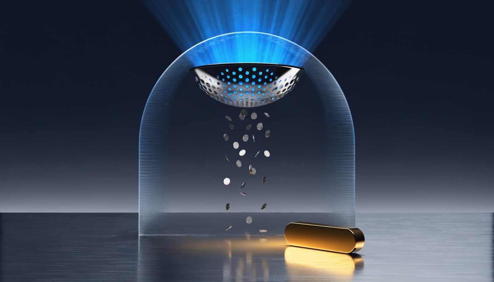 Editorial illustration: a frosted glass arch lets small silver tokens pass through under blue light while a heavier golden bar rests outside it on a steel floor