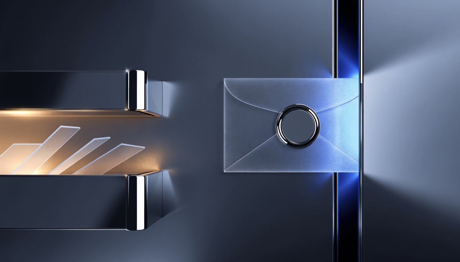 Editorial illustration: a frosted glass envelope with a blank chrome seal pushing through a narrow slot in a steel wall, beside an open chrome drawer glowing gold with glass cards lifting out of it