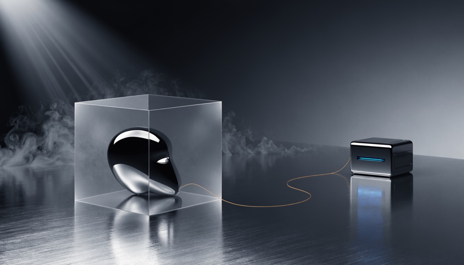Editorial illustration: a faceless chrome head inside a frosted glass cube, with a thin golden thread running to a small chrome box lit blue