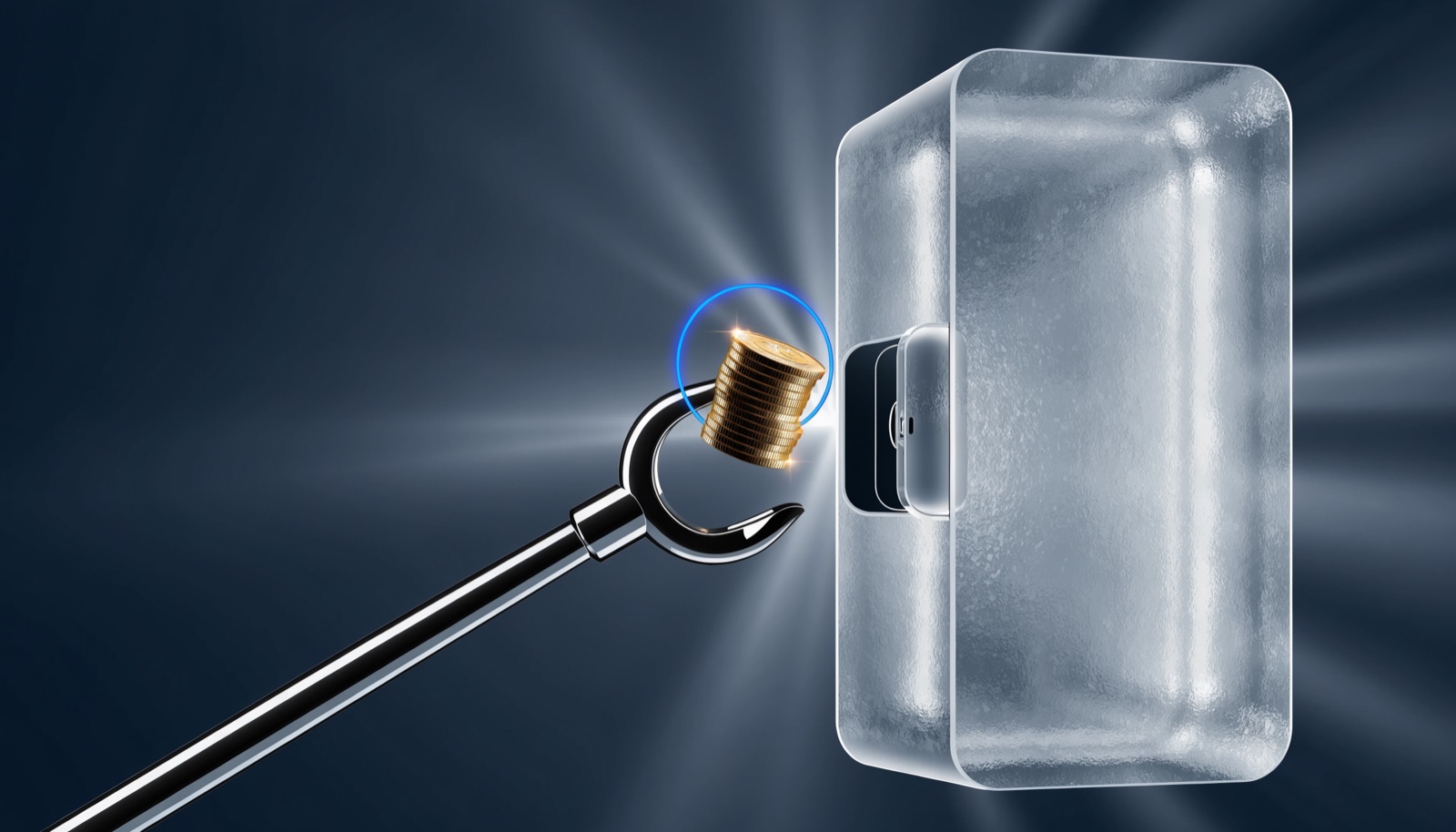 Editorial illustration: a chrome hook holding a stack of gold coins inside a blue ring, returning them to the open hatch of a frosted glass vault