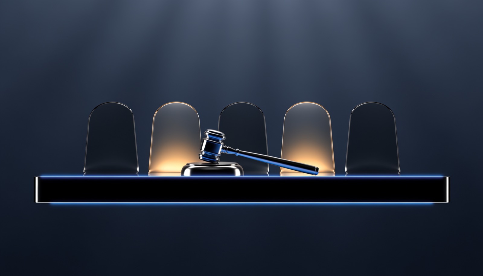 Editorial illustration: a long polished chrome dais with five tall frosted-glass chairs in a row, three dark and empty, two lit from within by a warm golden glow, and a chrome gavel at the center with an electric blue edge