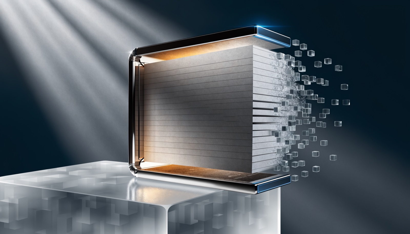 Editorial illustration: a chrome-bound ledger open on a frosted glass pedestal, its ruled pages dissolving at the right edge into a drifting lattice of translucent glass cubes
