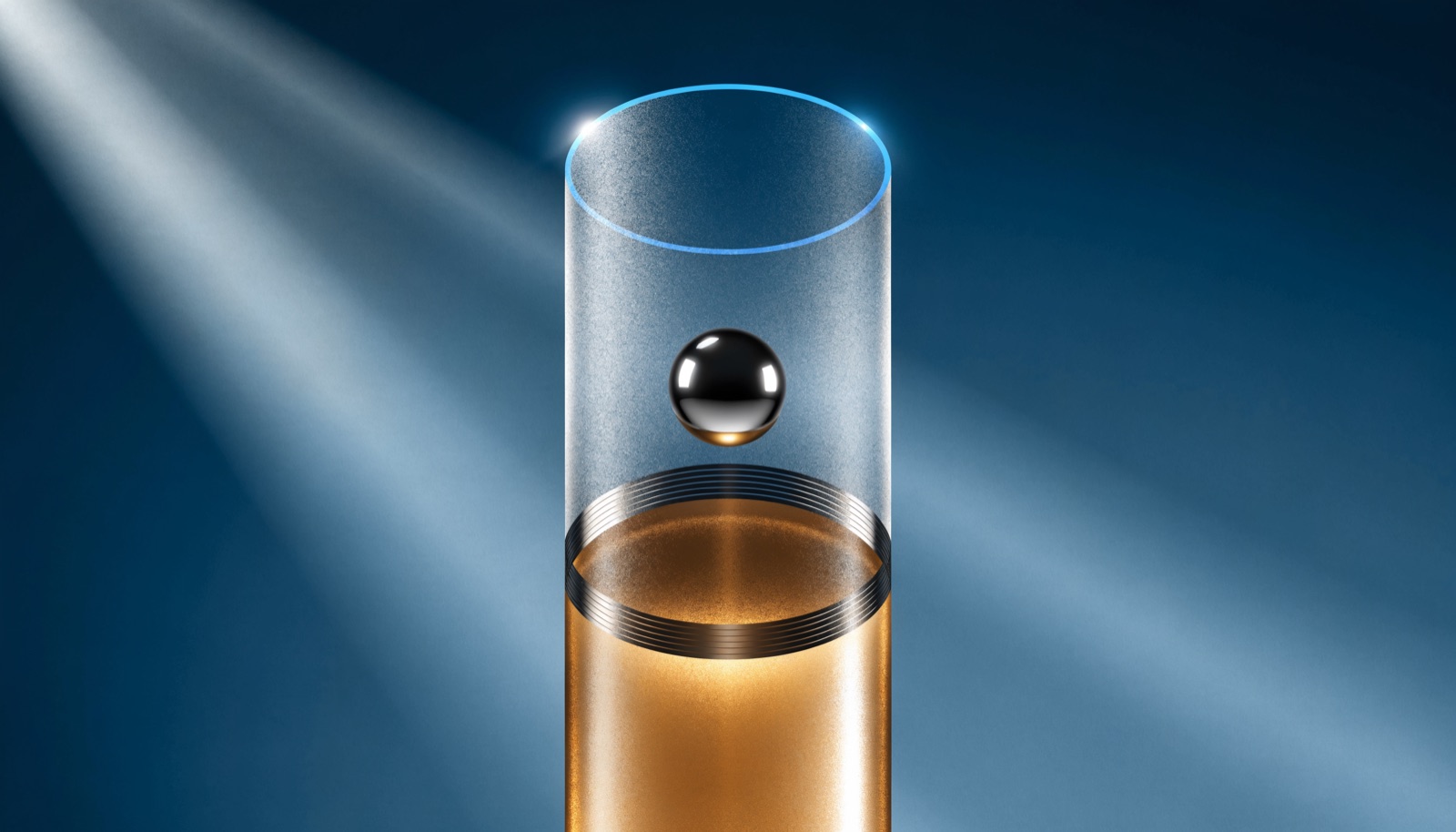 Editorial illustration: a frosted glass measuring column of golden liquid stopping a hair above an engraved chrome threshold ring, one chrome sphere hovering above the surface
