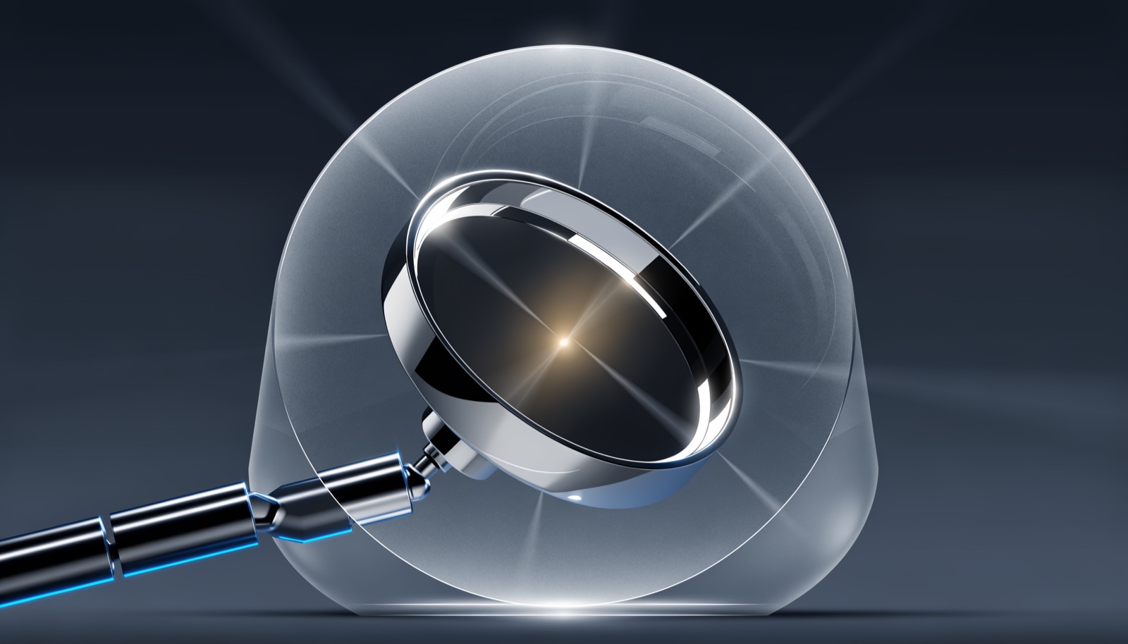 Editorial illustration: a chrome magnifying lens being sealed inside a larger frosted glass case, warm light at the centre of the lens