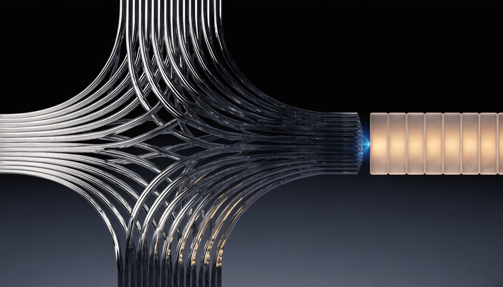Editorial illustration: a vast branching lattice of polished chrome filaments multiplying outward, collapsing at right into a single compact row of warmly lit frosted glass cells