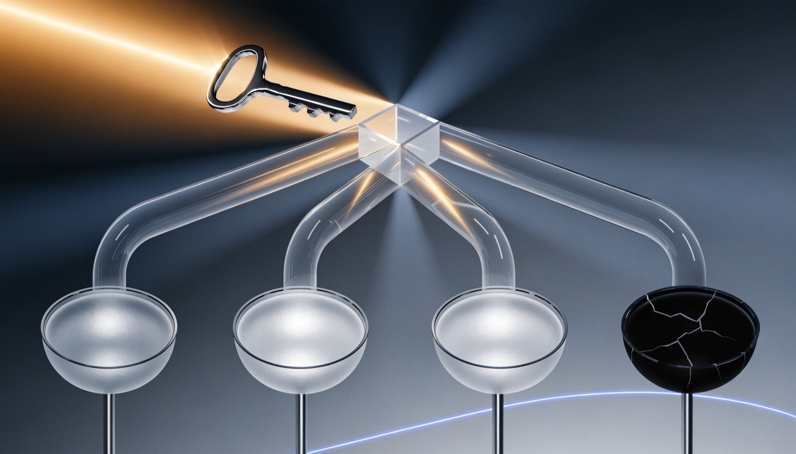 Editorial illustration: a single chrome key in golden light, its beam split through a prism into four frosted-glass conduits feeding four suspended basins, one of them cracked and dark