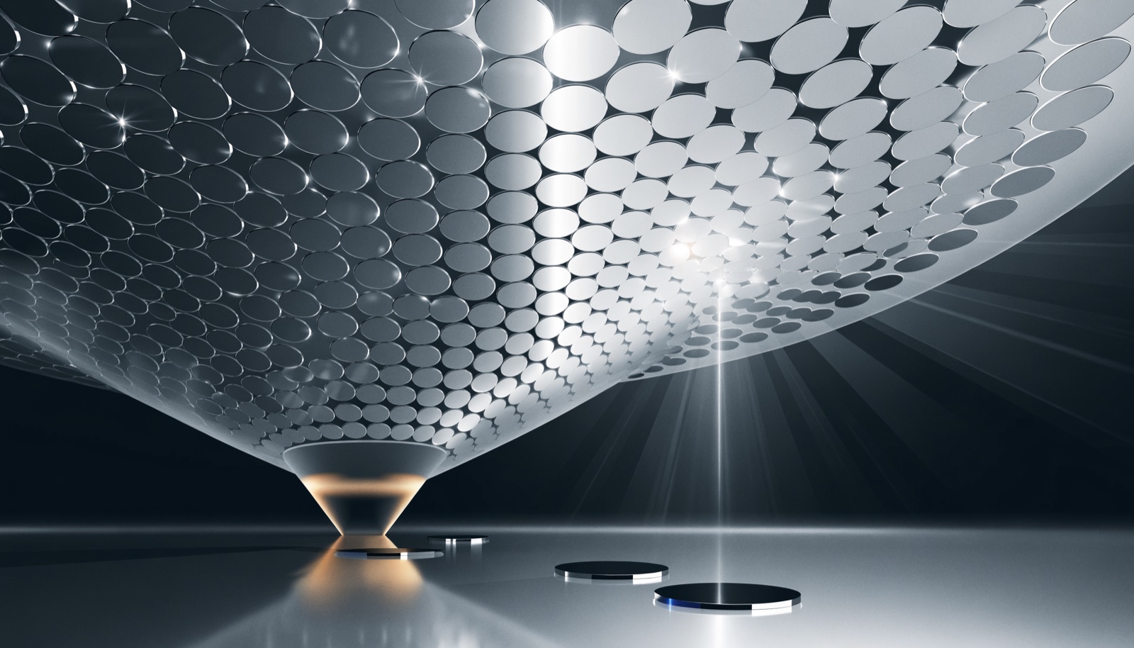 Editorial illustration: a vast ceiling-high mass of identical chrome discs funnelling down through a single narrow golden-lit aperture, with only four discs resting on the empty polished floor below