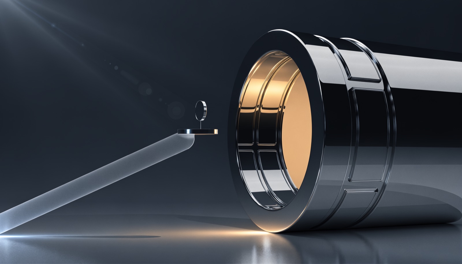 Editorial illustration: a single small chrome coin on the end of a slender glass lever that has swung open an enormous vault door, gold light spilling out