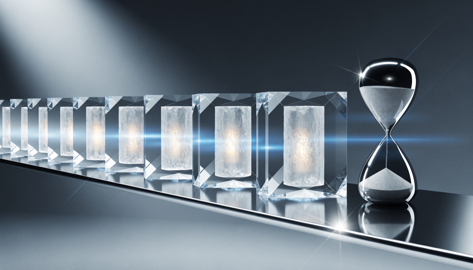 Editorial illustration: a row of frosted glass blocks, each with a warm gold light sealed inside, lined up on a steel shelf beside a chrome hourglass whose sand has mostly run out