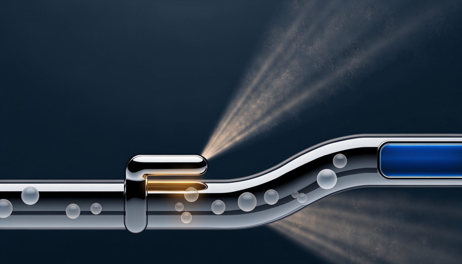 Editorial illustration: frosted glass spheres flow through a chrome pipeline past a single gold-lit lever, toward an empty blue-lit slot further down the line