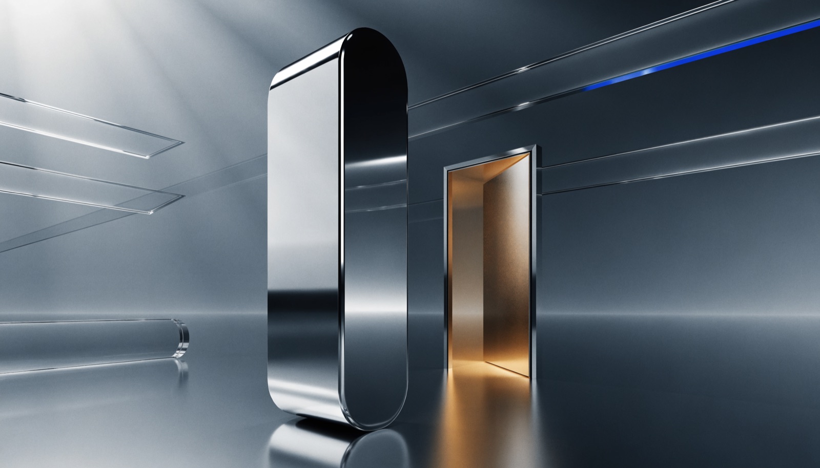 Editorial illustration: a seamless chrome monolith with no handle or keyhole beside a single open doorway spilling warm gold light