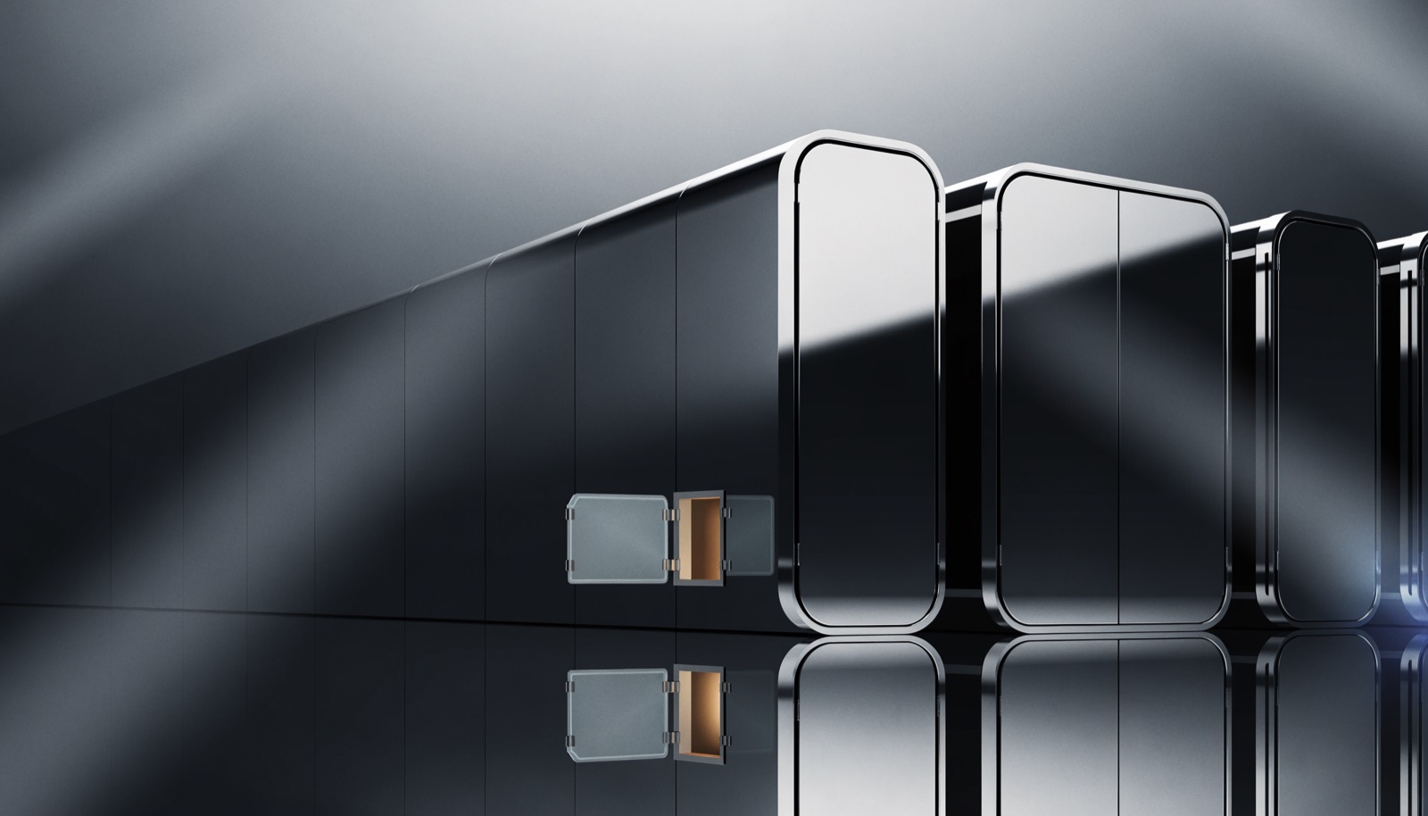 Editorial illustration: a row of sealed chrome vault doors stands intact while a small frosted-glass service panel behind them hangs open, warm light spilling out