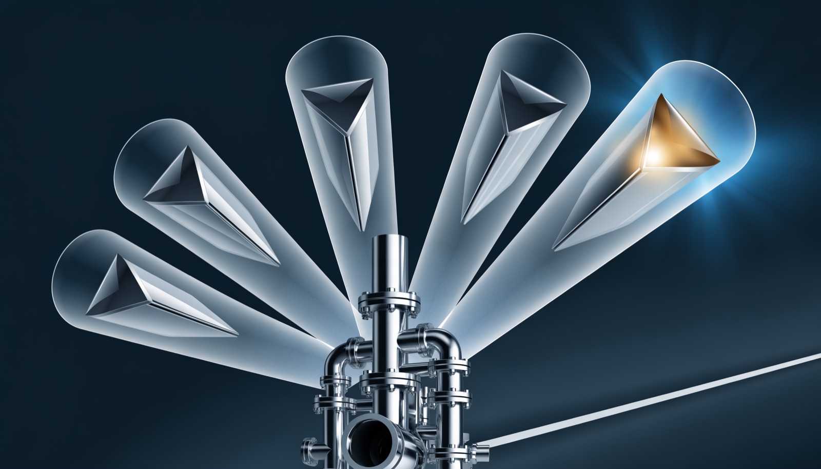 Editorial illustration: a single chrome distribution manifold feeding four frosted-glass tubes, each carrying an identical chrome envelope, one of them glowing warm gold