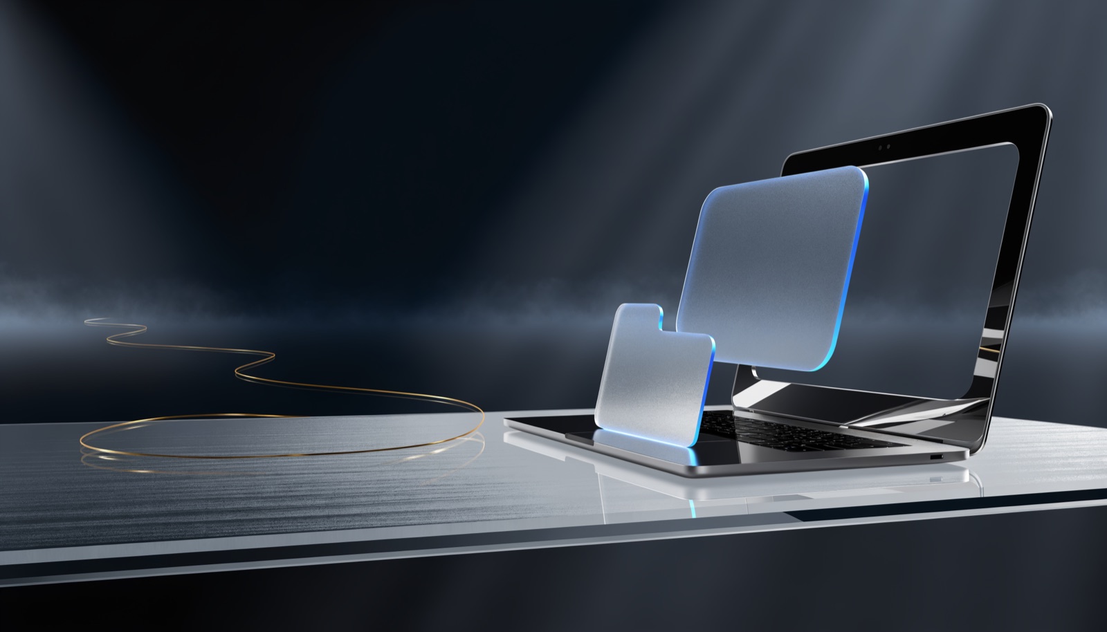 Editorial illustration: a chrome laptop on a frosted glass desk beside a blank glowing video-call panel, a thin golden thread running from the laptop into the dark