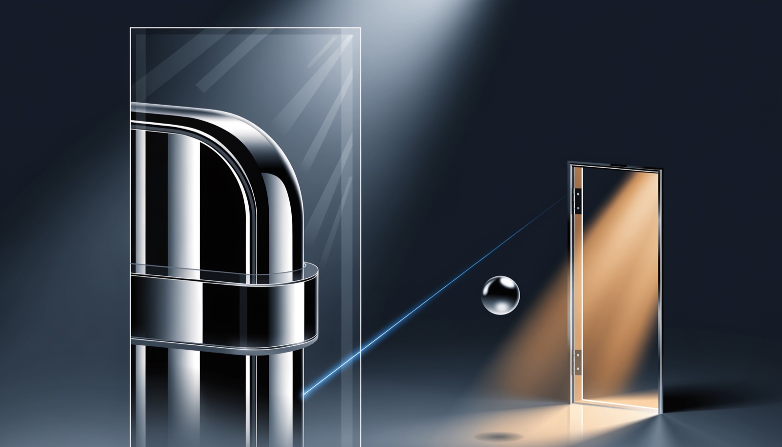 Editorial illustration: a chrome holding chamber sealed behind frosted glass, beside a second identical doorway standing open with golden light spilling through