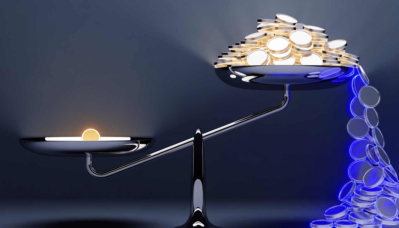 Editorial illustration: a chrome balance scale tipped toward a single tiny frosted-glass coin lit by a warm golden glow, while the opposite pan is buried under an overflowing mountain of chrome coins pouring off into the dark with an electric-blue glow