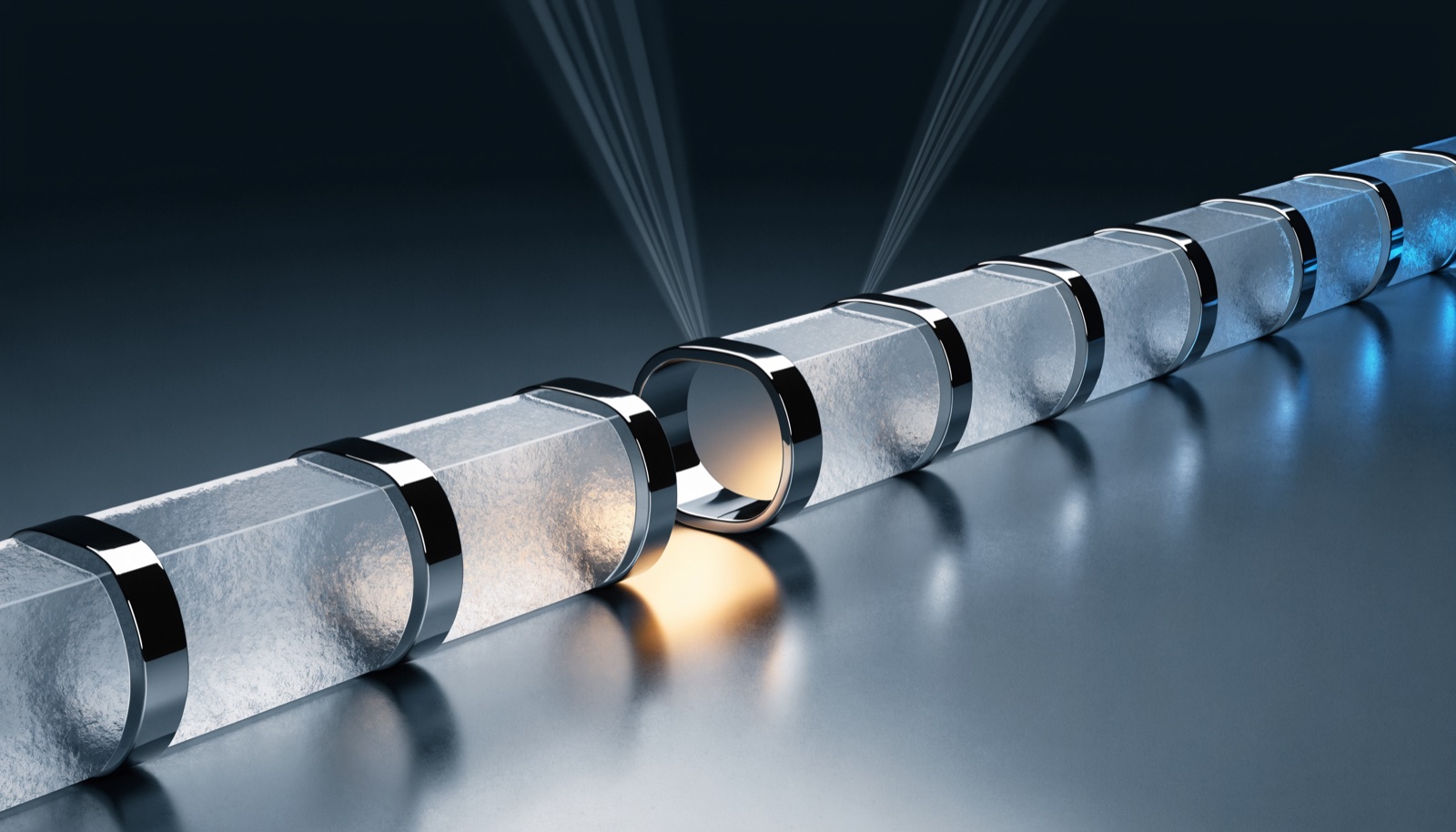 Editorial illustration: a chain of frosted glass blocks with chrome bands runs across the frame; one link is an empty chrome ring lit from below in warm gold, and the blocks beyond it glow faintly blue